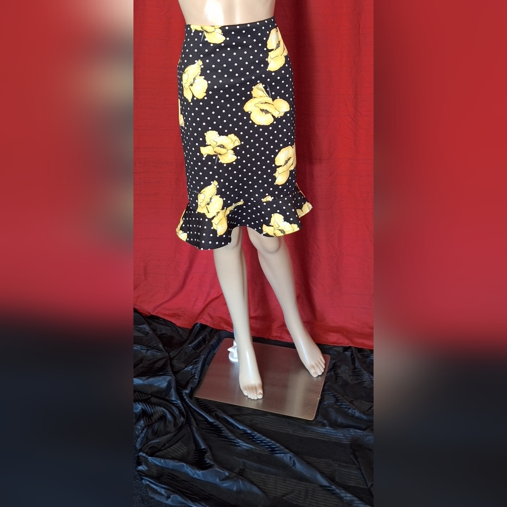 MESSINI / floral polka-dot pencil skirt / yellow   black and white SMALL